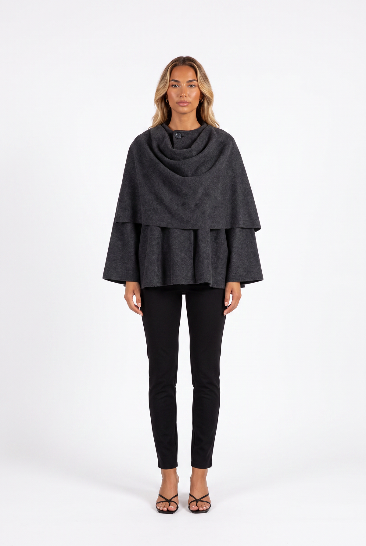 Charcoal draped scarf-collar cape jacket — front