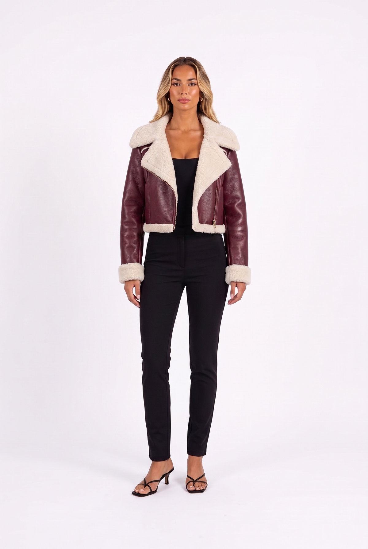 Cropped Moto Jacket with Faux Shearling Trim in bordeaux — front