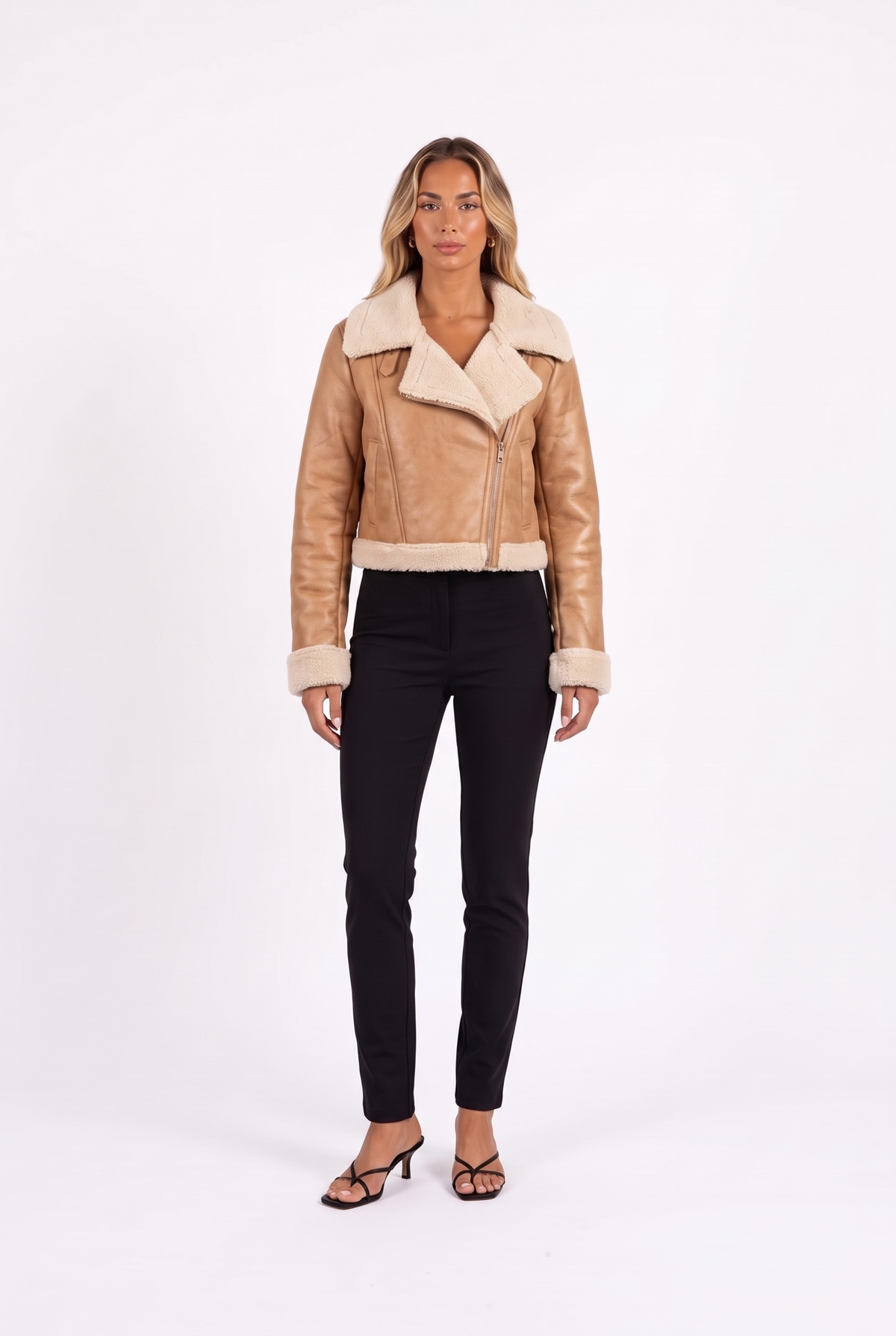 Cropped Moto Jacket with Faux Shearling Trim in light coffee — front