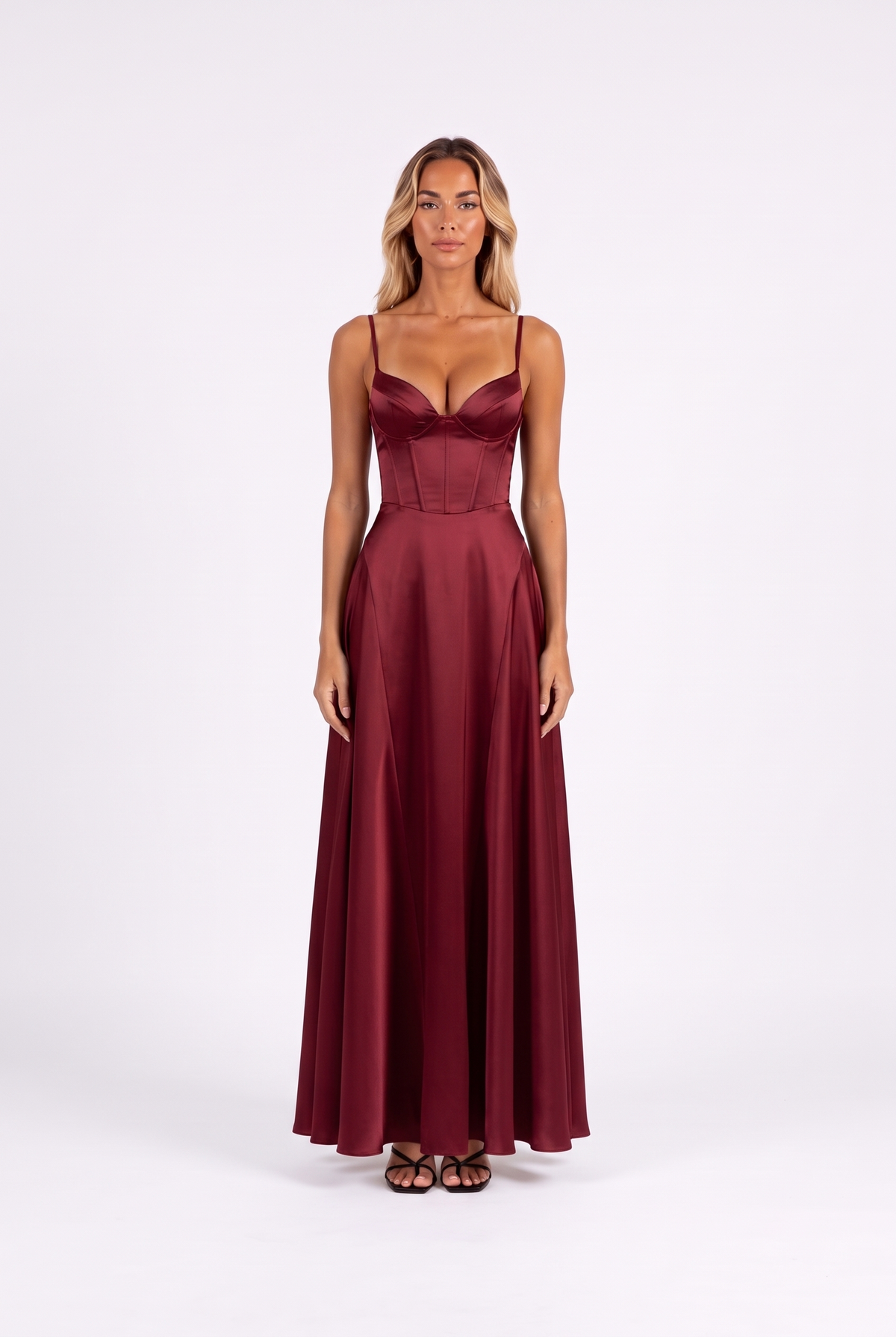 Satin corset lace-up-back maxi dress in Burgundy — front