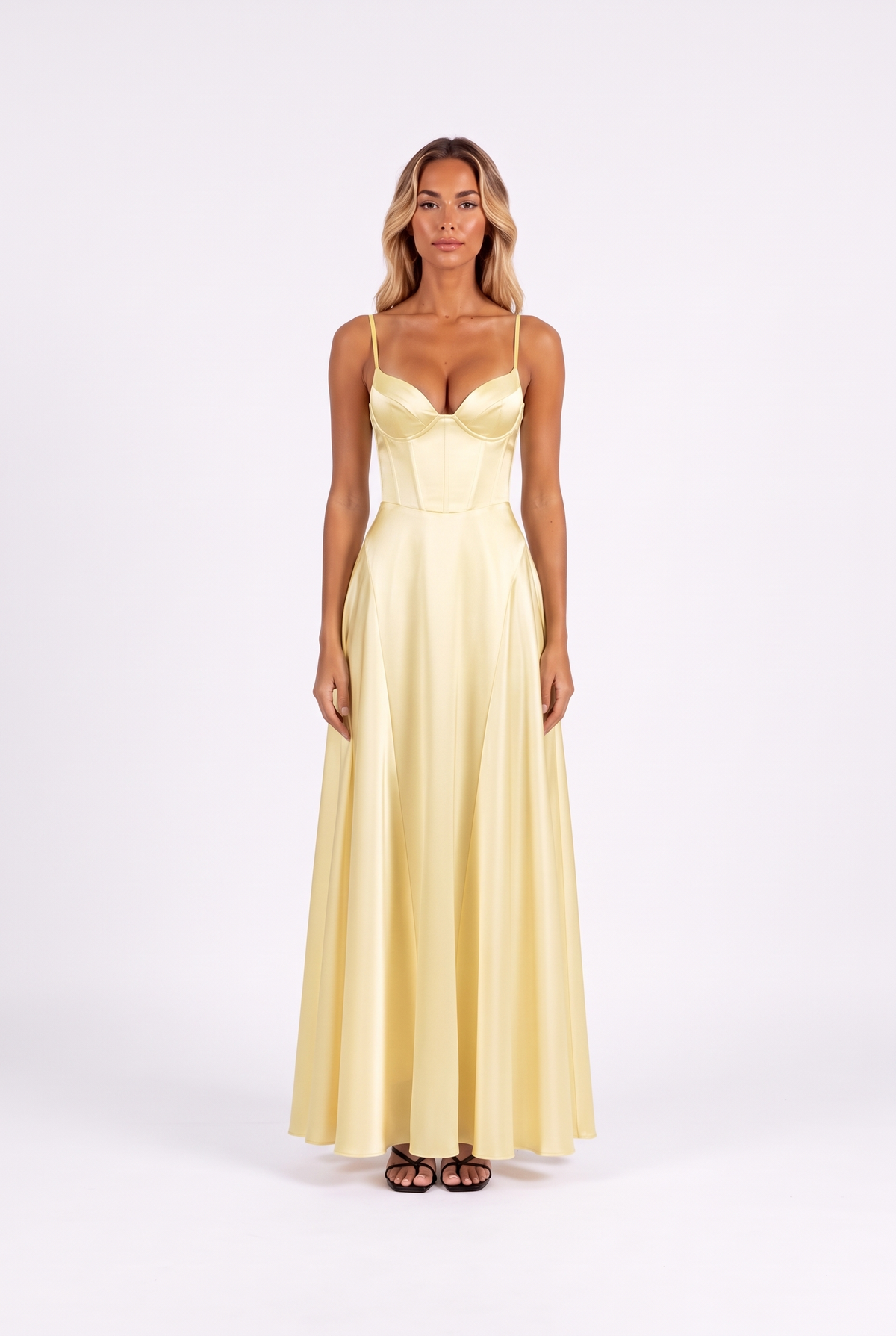 Satin corset lace-up-back maxi dress in Yellow — front